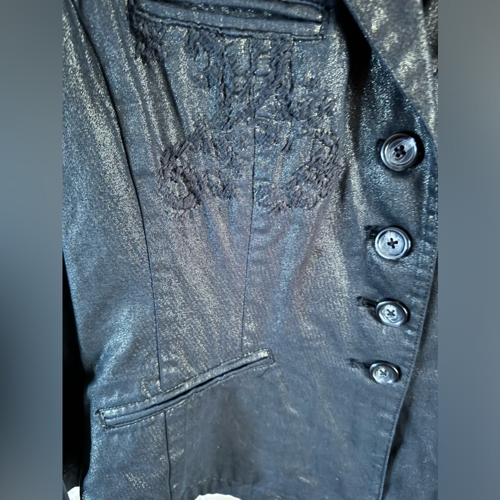Coldwater Creek Black Shimmer Denim Fitted Blazer Size 8 Petite with Embroidery - Picture 7 of 11
